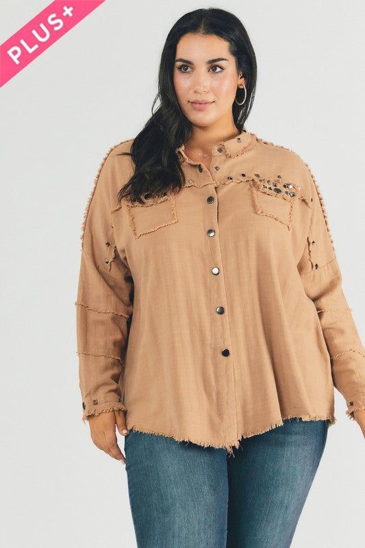 Davi & Dani | PLUS Distressed hem button down oversize shirt us.meeeshop - 