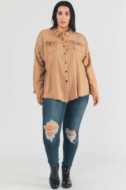 Davi & Dani | PLUS Distressed hem button down oversize shirt us.meeeshop - 