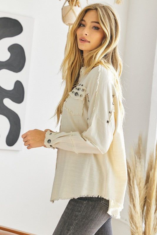 Davi & Dani | PLUS Distressed hem button down oversize shirt us.meeeshop - 