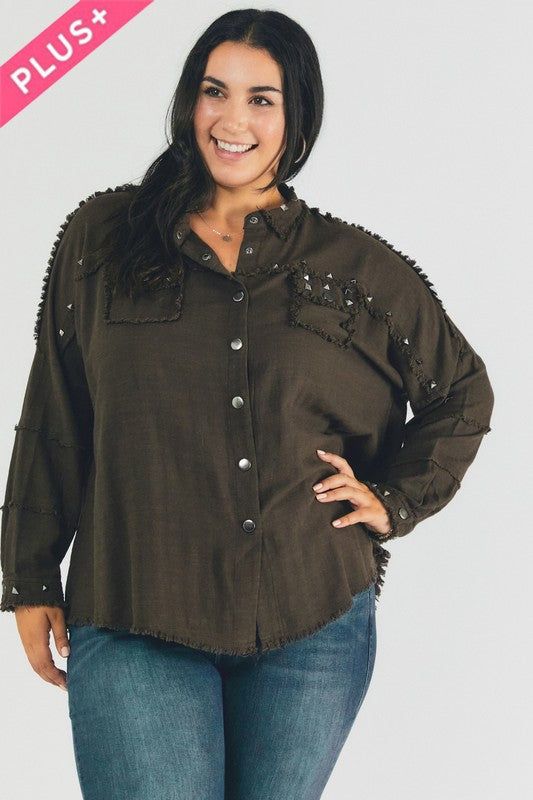 Davi & Dani | PLUS Distressed hem button down oversize shirt us.meeeshop - 