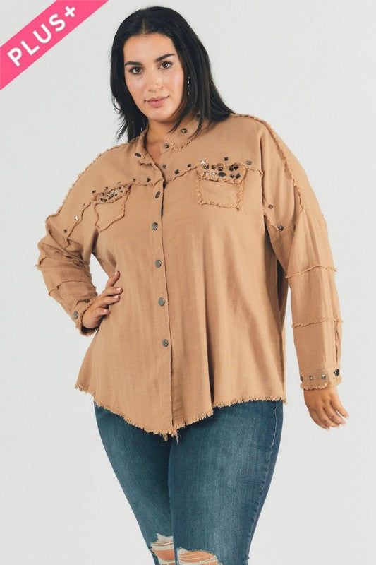 Davi & Dani | PLUS Distressed hem button down oversize shirt us.meeeshop - 