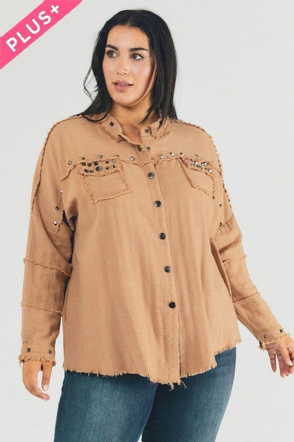 Davi & Dani | PLUS Distressed hem button down oversize shirt us.meeeshop - 