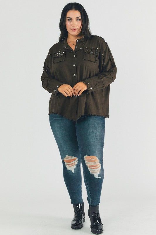 Davi & Dani | PLUS Distressed hem button down oversize shirt us.meeeshop - 