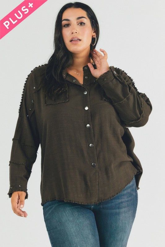 Davi & Dani | PLUS Distressed hem button down oversize shirt us.meeeshop - 