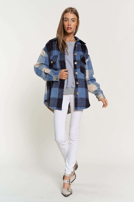 Davi & Dani Plaid Chest Pocket Detail Shacket us.meeeshop - 