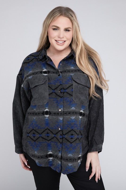 Davi & Dani Plus Printed Button Down Long Sleeve Jacket us.meeeshop - 