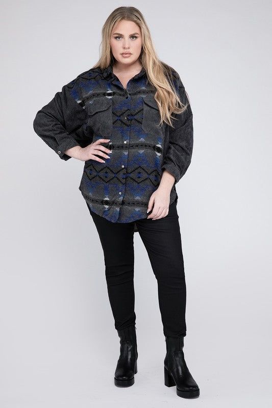 Davi & Dani Plus Printed Button Down Long Sleeve Jacket us.meeeshop - 