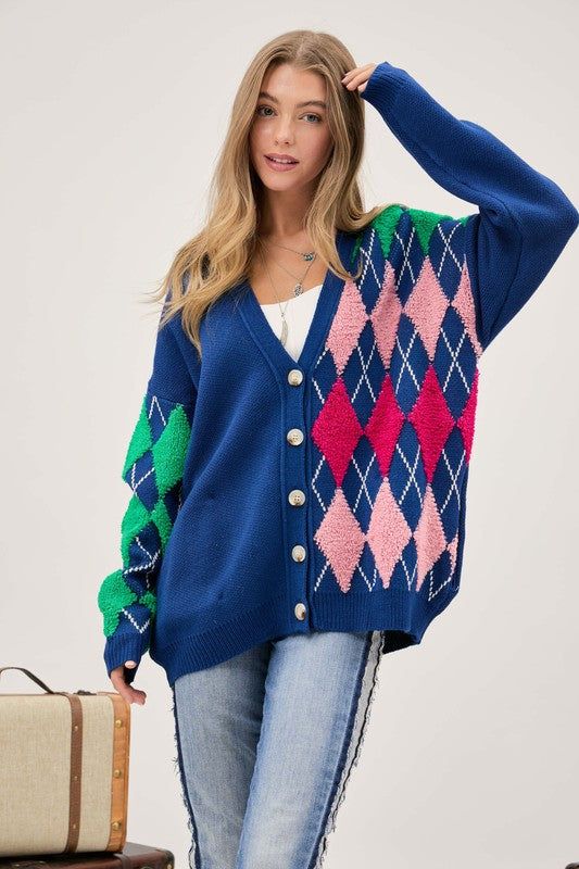 Davi & Dani Plush Argyle Button Front Loose Fit Knit Cardigan us.meeeshop - Shirts & Tops