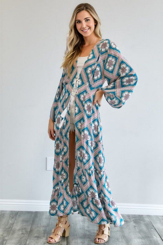 Davi & Dani | Printed Long Sleeve Loose Kimono us.meeeshop - Kimono Outerwear