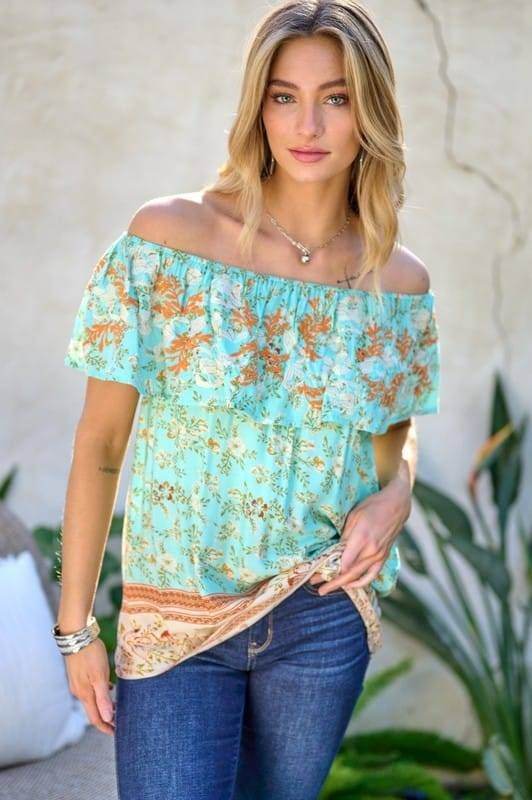 Davi & Dani | Printed Off Shoulder Smocked Top us.meeeshop - Shirts & Tops