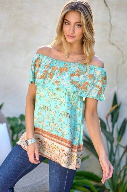 Davi & Dani | Printed Off Shoulder Smocked Top us.meeeshop - 