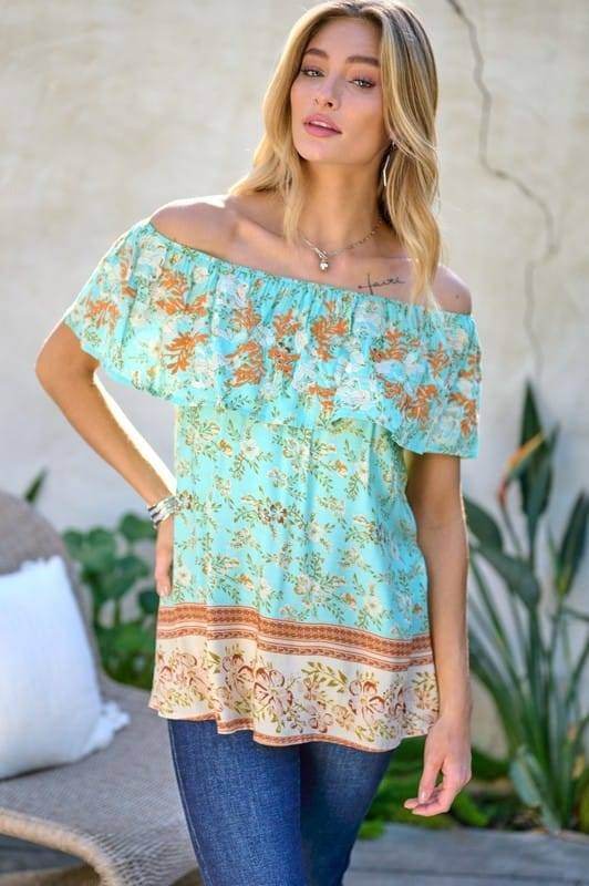 Davi & Dani | Printed Off Shoulder Smocked Top us.meeeshop - 