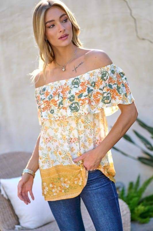 Davi & Dani | Printed Off Shoulder Smocked Top us.meeeshop - 