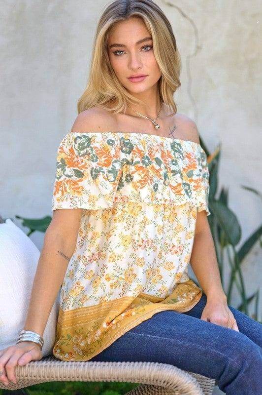 Davi & Dani | Printed Off Shoulder Smocked Top us.meeeshop - 