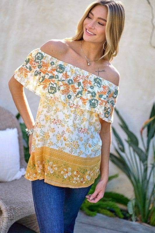 Davi & Dani | Printed Off Shoulder Smocked Top us.meeeshop - 