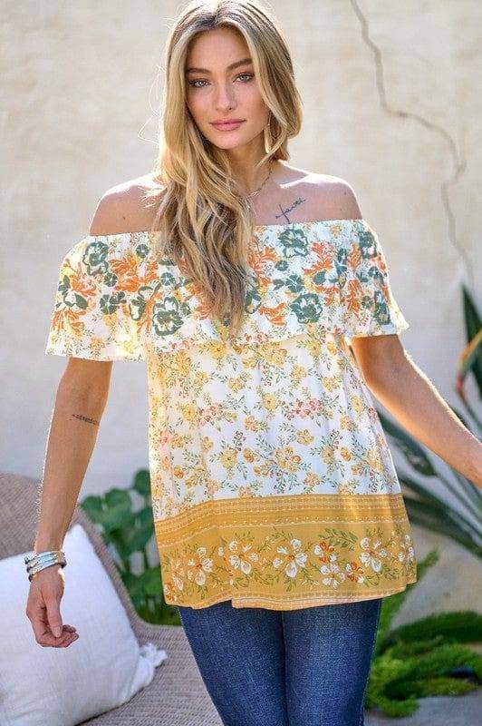 Davi & Dani | Printed Off Shoulder Smocked Top us.meeeshop - 