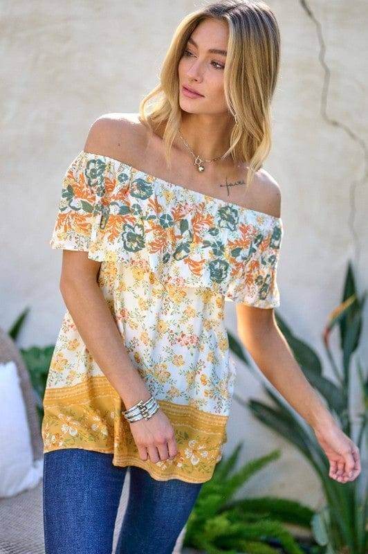 Davi & Dani | Printed Off Shoulder Smocked Top us.meeeshop - 