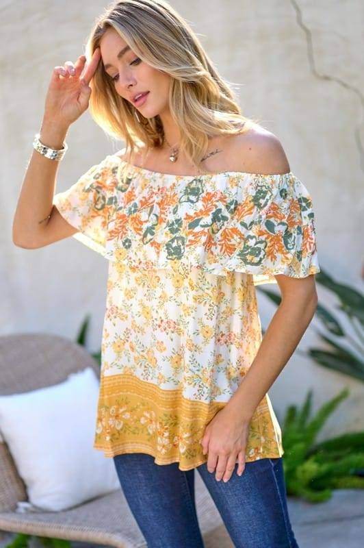 Davi & Dani | Printed Off Shoulder Smocked Top us.meeeshop - 