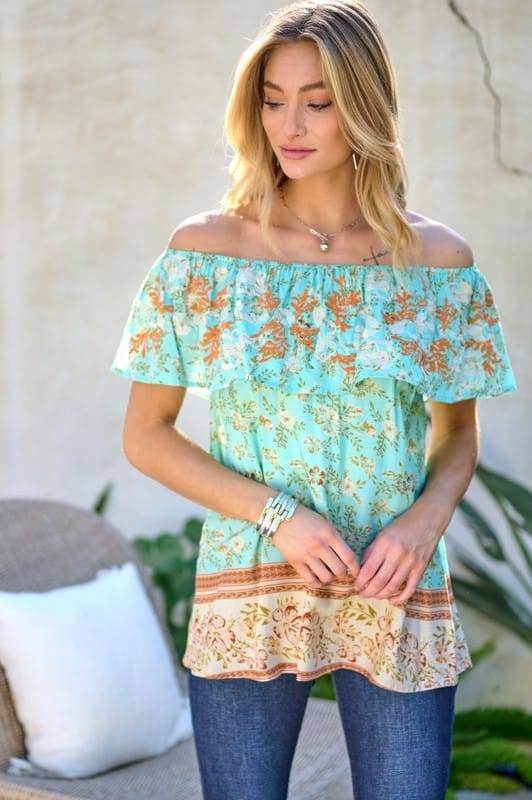 Davi & Dani | Printed Off Shoulder Smocked Top us.meeeshop - 