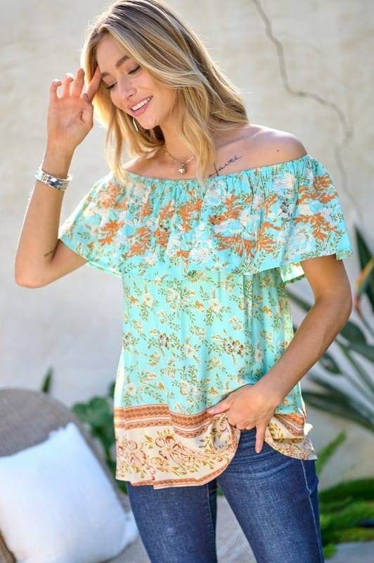 Davi & Dani | Printed Off Shoulder Smocked Top us.meeeshop - 