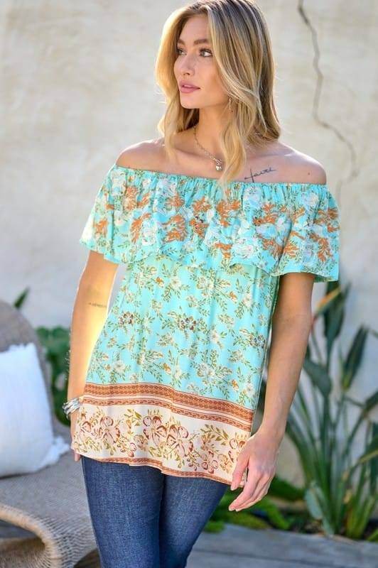 Davi & Dani | Printed Off Shoulder Smocked Top us.meeeshop - 