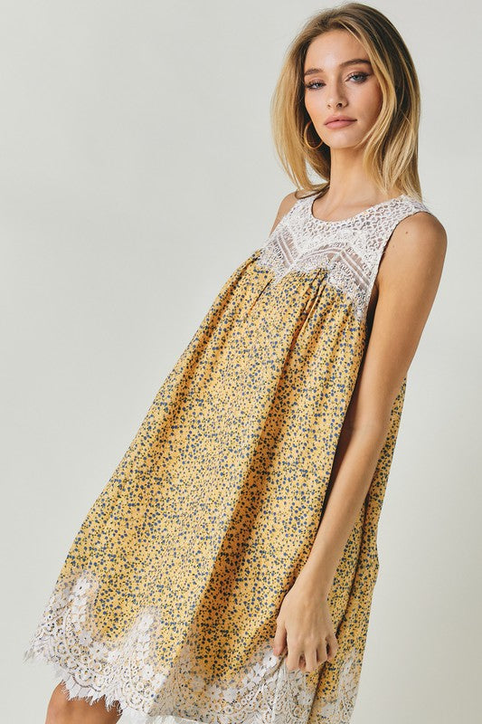 Davi & Dani | Printed Round Neck Sleeveless Lace Trim Mini Dress | us.meeeshop