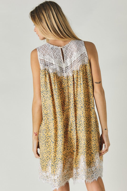 Davi & Dani | Printed Round Neck Sleeveless Lace Trim Mini Dress | us.meeeshop