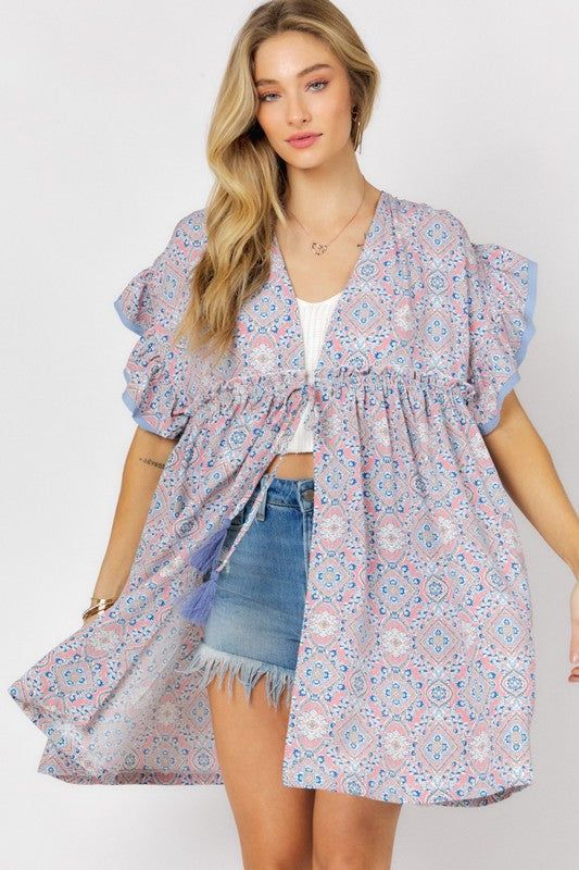 Davi & Dani | Printed Short Sleeve Ruffle Kimono us.meeeshop - Kimono Outerwear