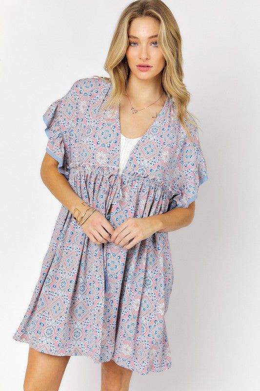 Davi & Dani | Printed Short Sleeve Ruffle Kimono us.meeeshop - 