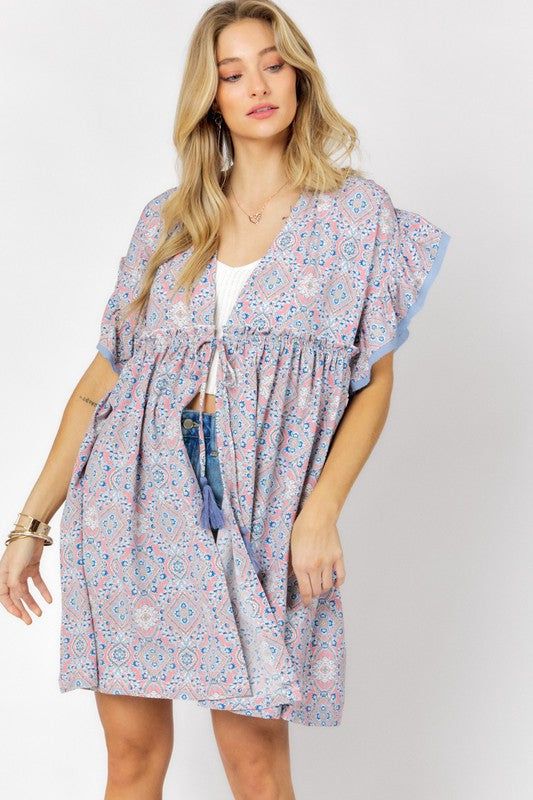 Davi & Dani | Printed Short Sleeve Ruffle Kimono us.meeeshop - 