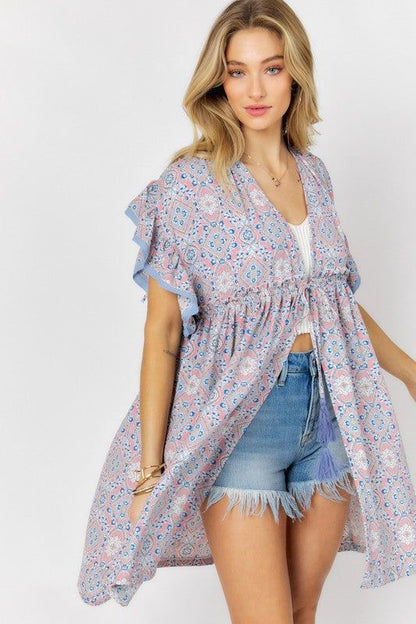 Davi & Dani | Printed Short Sleeve Ruffle Kimono us.meeeshop - 