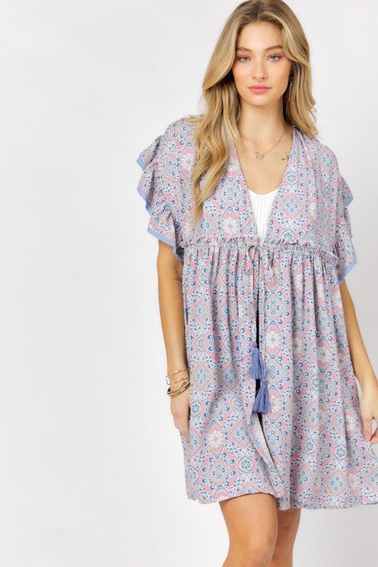 Davi & Dani | Printed Short Sleeve Ruffle Kimono us.meeeshop - 