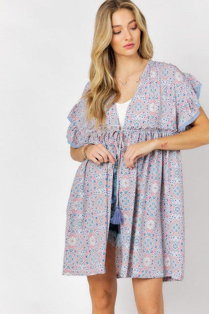 Davi & Dani | Printed Short Sleeve Ruffle Kimono us.meeeshop - 