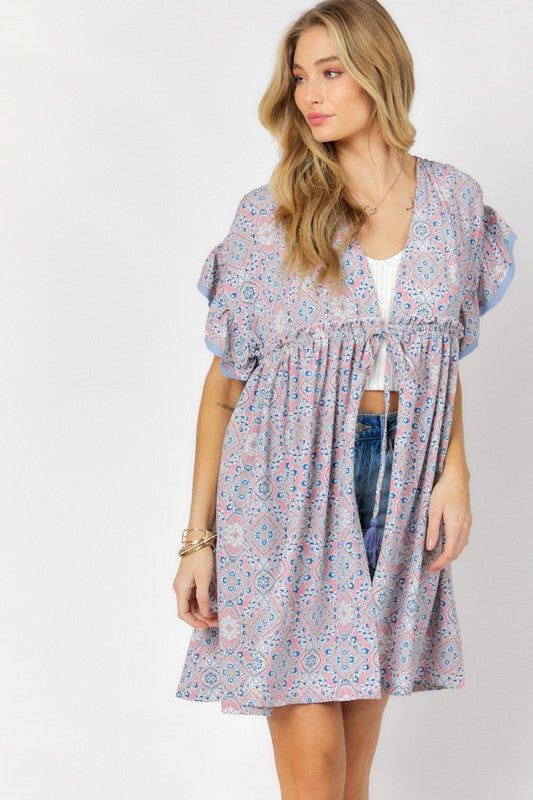 Davi & Dani | Printed Short Sleeve Ruffle Kimono us.meeeshop - 