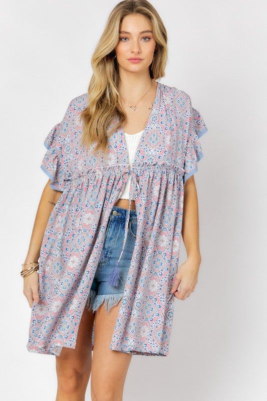 Davi & Dani | Printed Short Sleeve Ruffle Kimono us.meeeshop - 