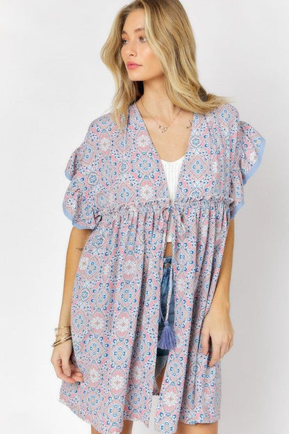 Davi & Dani | Printed Short Sleeve Ruffle Kimono us.meeeshop - 