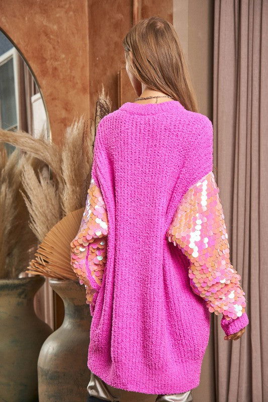 Davi & Dani Sequin Sleeve Sweater Knit Tunic Top us.meeeshop - 