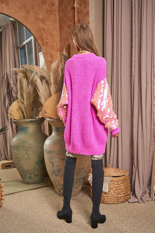 Davi & Dani Sequin Sleeve Sweater Knit Tunic Top us.meeeshop - 