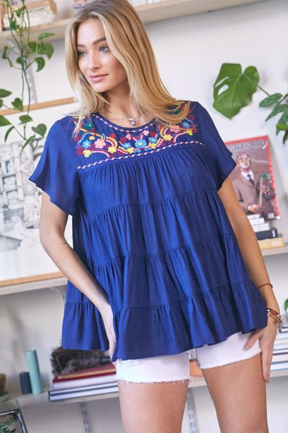 Davi & Dani | Solid Flared Short Sleeve Top us.meeeshop - 