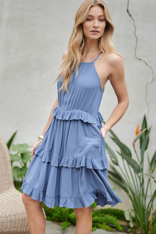 Davi & Dani | Solid Ruffle Sleeveless Mini Dress us.meeeshop - 