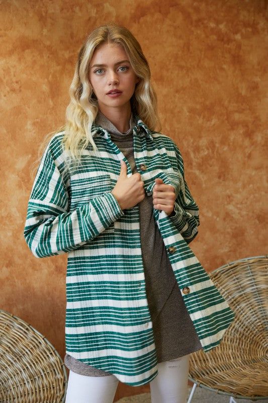 Davi & Dani | Stripe Button Down Long Sleeve Shacket us.meeeshop - 