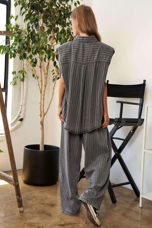 Davi & Dani Stripe Button Down Shirt and Long Pants Set - us.meeeshop