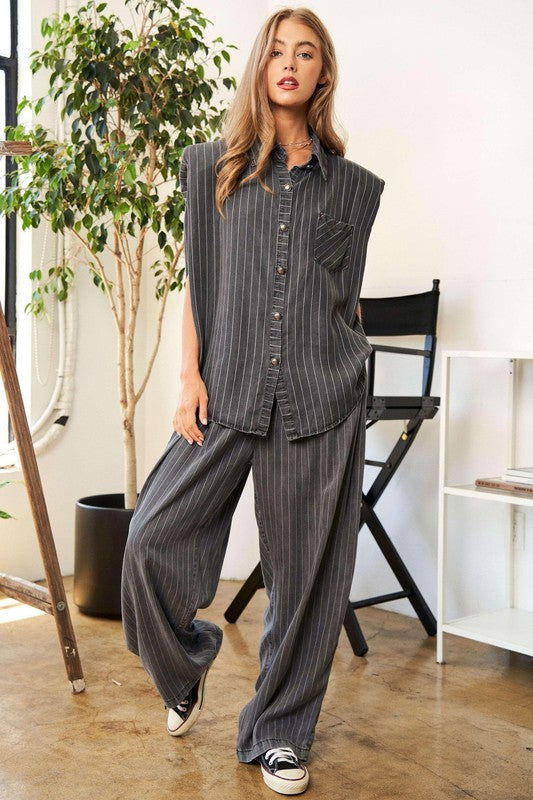 Davi & Dani Stripe Button Down Shirt and Long Pants Set - us.meeeshop