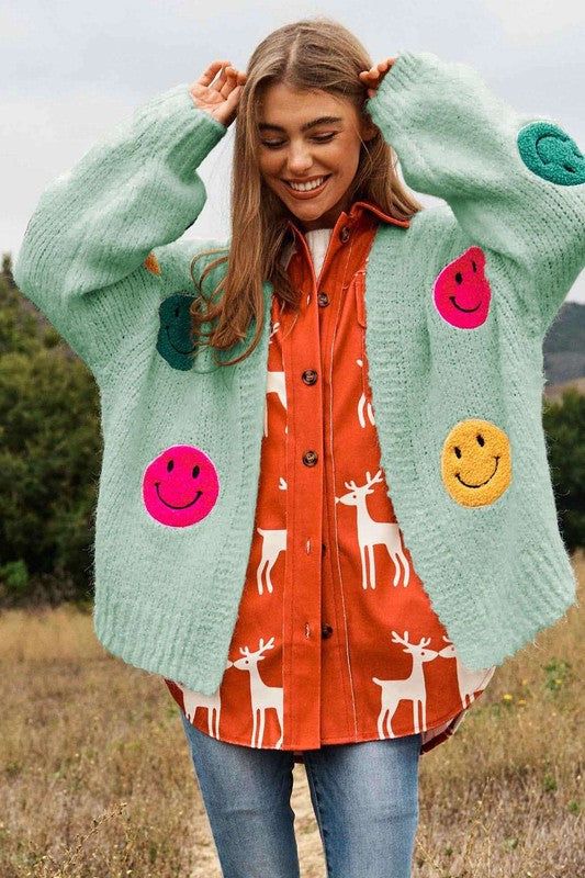 Davi & Dani The Fuzzy Smile Long Bell Sleeve Knit Cardigan us.meeeshop - 