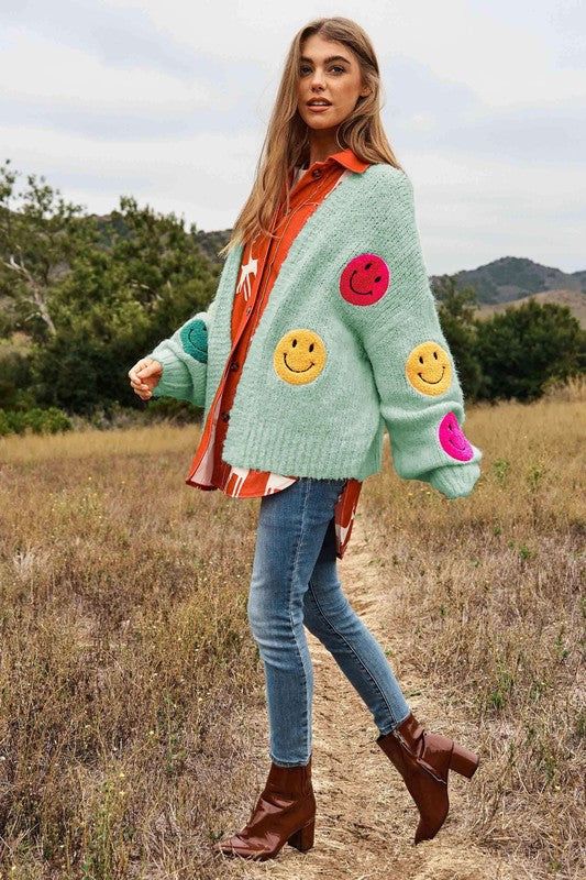 Davi & Dani The Fuzzy Smile Long Bell Sleeve Knit Cardigan us.meeeshop - 