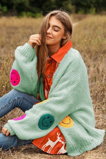 Davi & Dani The Fuzzy Smile Long Bell Sleeve Knit Cardigan us.meeeshop - 