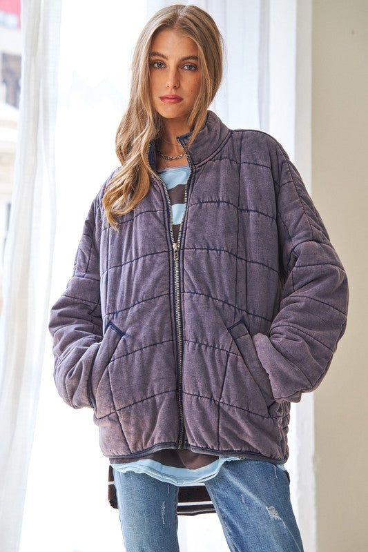 Davi & Dani Washed Soft Comfy Quilting Zip Closure Jacket us.meeeshop - 