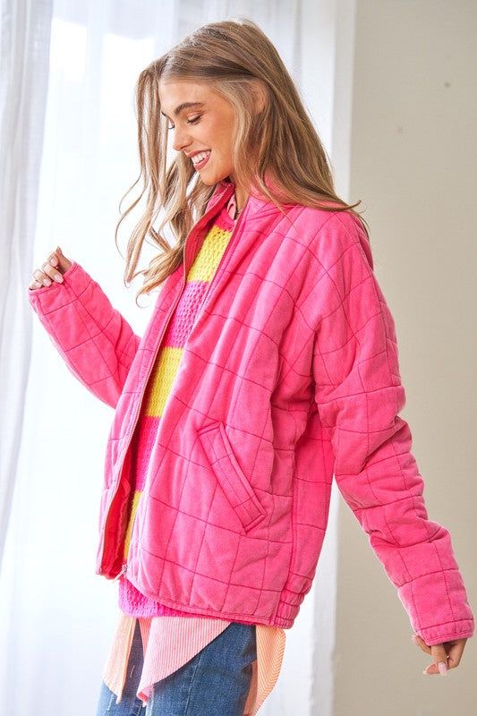 Davi & Dani Washed Soft Comfy Quilting Zip Closure Jacket us.meeeshop - Coats & Jackets