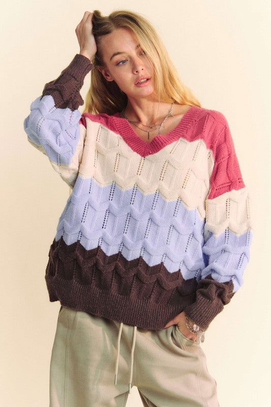 Davi & Dani Wavy Texture Color Block V-Neck Sweater us.meeeshop - Shirts & Tops