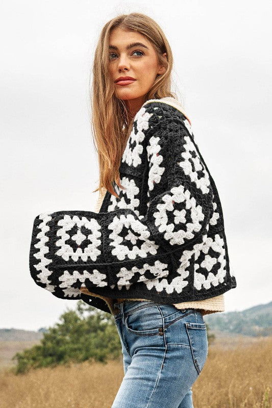 Davi & Dani Two-Tone Floral Square Crochet Open Knit Cardigan - us.meeeshop